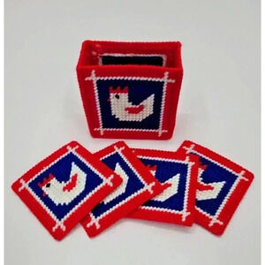 Vintage Chicken Rooster Handmade Needlepoint Coaster Set of 4 with Holder
